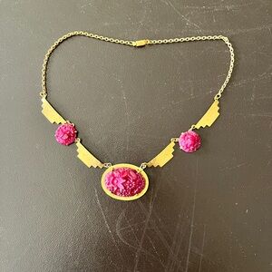 Vintage Necklace Art Deco Red Glass Carved  pendant Placard necklace Flowers